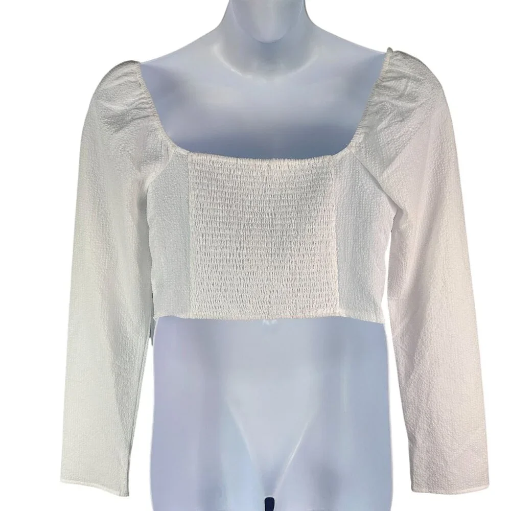 ASTR The Label Long Sleeve Sweetheart Neck White Smocked Crop Top XL NWT